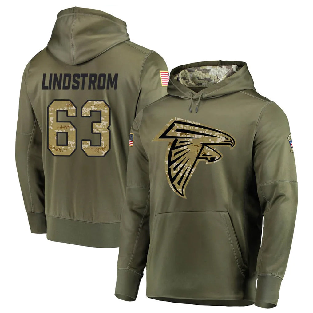A.Falcons #63 Chris Lindstrom Player Olive Salute to Service Club Fleece Hoodie Ldoa Stitched Jerseys