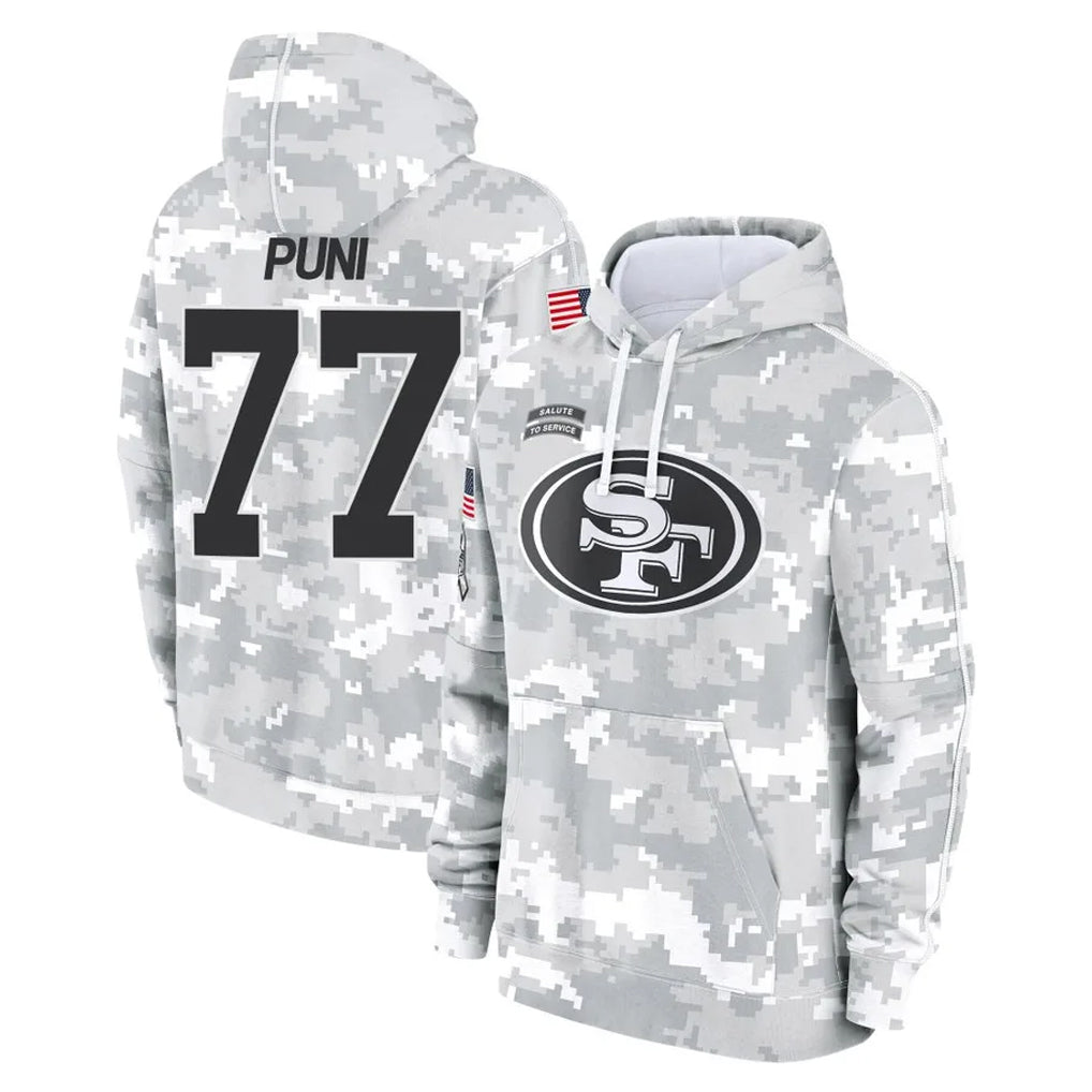 SF.49ers #77 Dominick Puni Player Arctic Camo Limited Salute to Service Pullover Hoodies Game Ldoa Stitched Jerseys