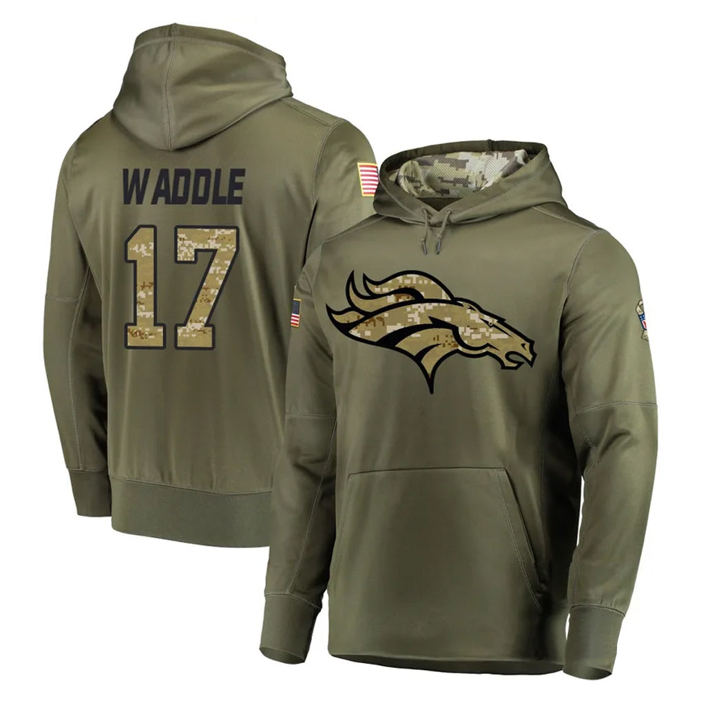 D.Broncos #17 Jaylen Waddle Player Olive Salute to Service Pullover Hoodies Home Game Ldoa Stitched Jerseys