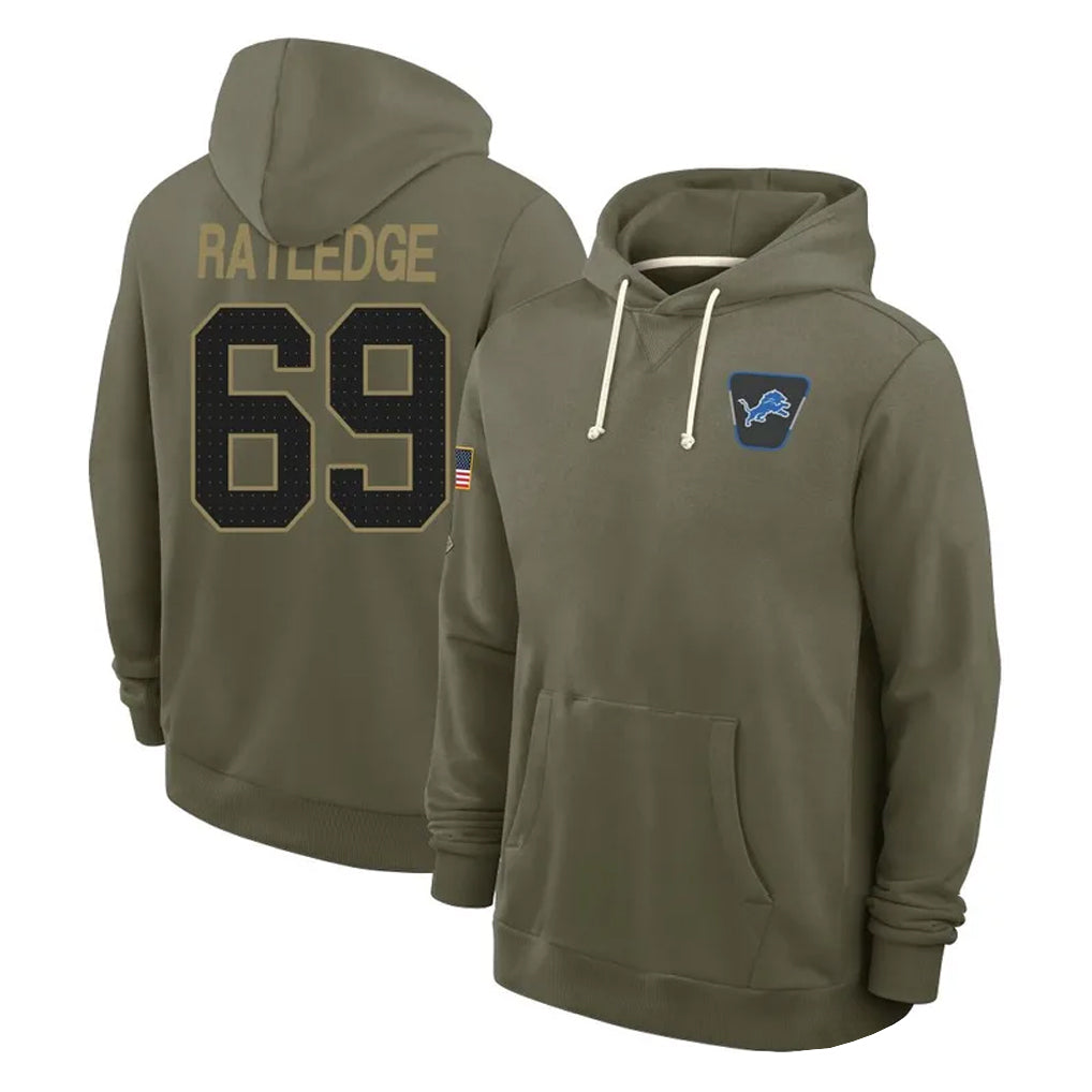 D.Lions #69 Tate Ratledge Player Olive Salute to Service Pullover Hoodies Limited Ldoa Stitched Jerseys