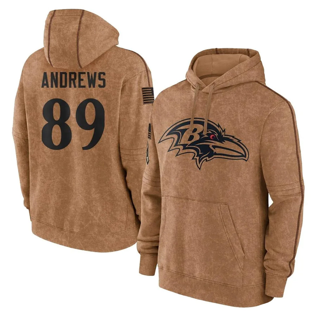 B.Ravens #89 Mark Andrews Player Brown Salute to Service Pullover Hoodie Ldoa Stitched Jerseys