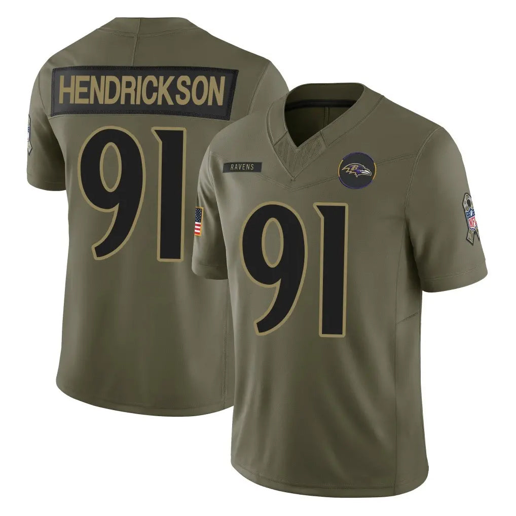 B.Ravens #91 Trey Hendrickson Player Olive Salute To Service Limited Home Game Ldoa Stitched Jerseys