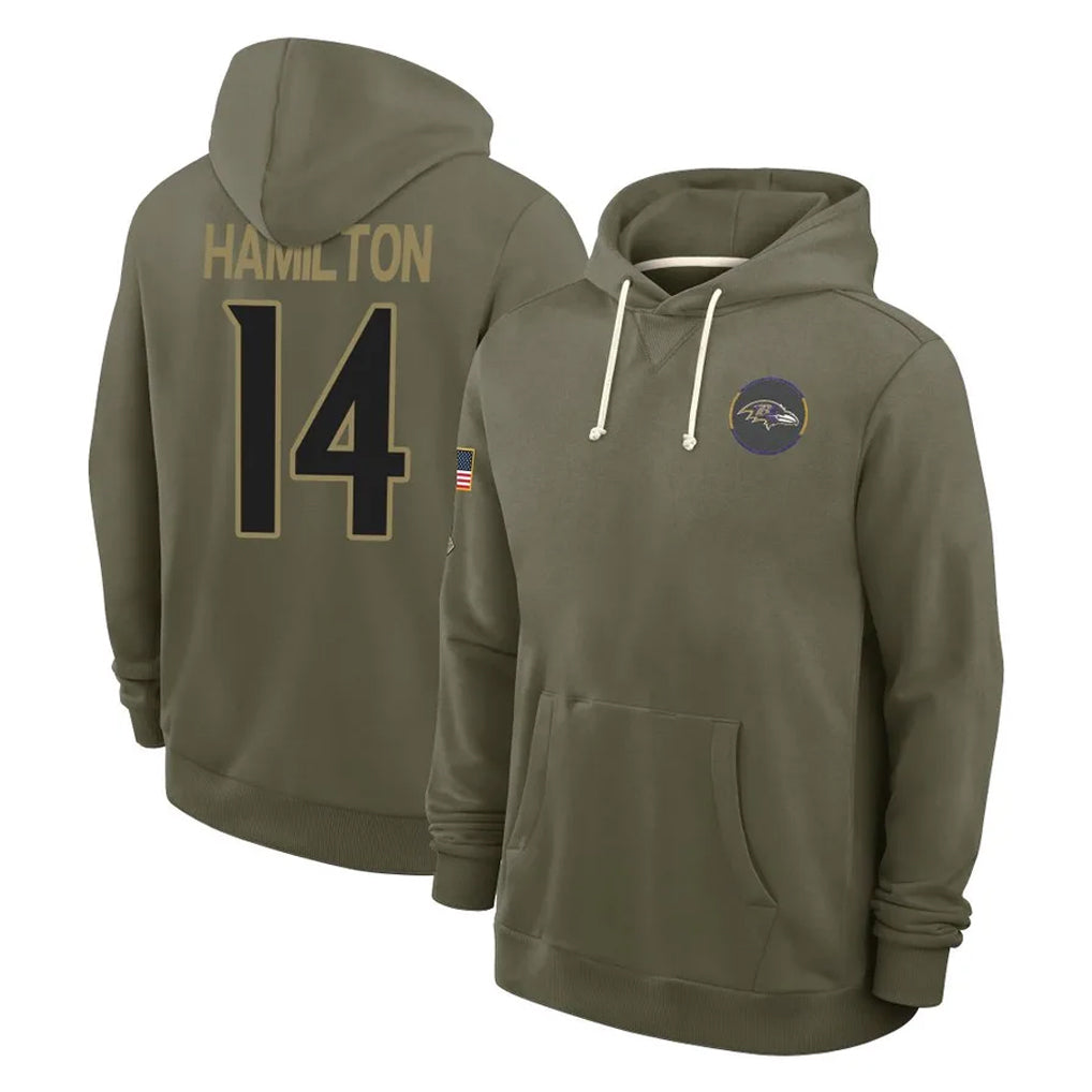 B.Ravens #14 Kyle Hamilton Player Olive Salute to Service Hoodie Ldoa Stitched Jerseys