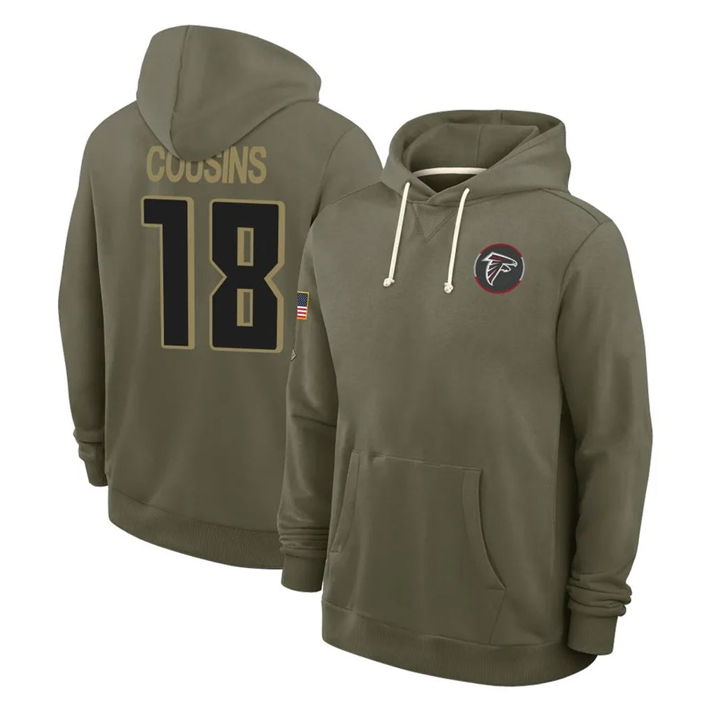 A.Falcons #18 Kirk Cousins Player Olive 2025 Salute to Service Hoodies Ldoa Stitched Jerseys
