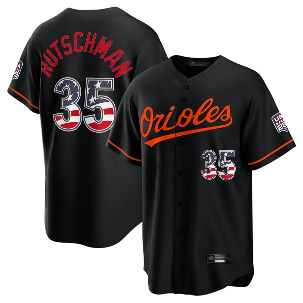 B.Orioles #35 Adley Rutschman Player Black USA 250 Fourth of July Home Game Ldoa Stitched Jerseys