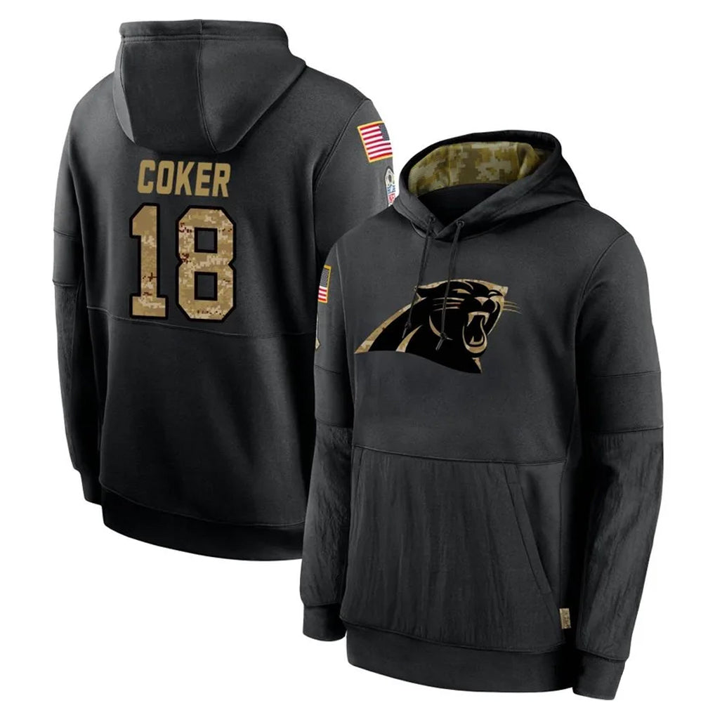 C.Panthers #18 Jalen Coker Player Black Salute to Service Pullover Hoodies Limited Game Ldoa Stitched Jerseys