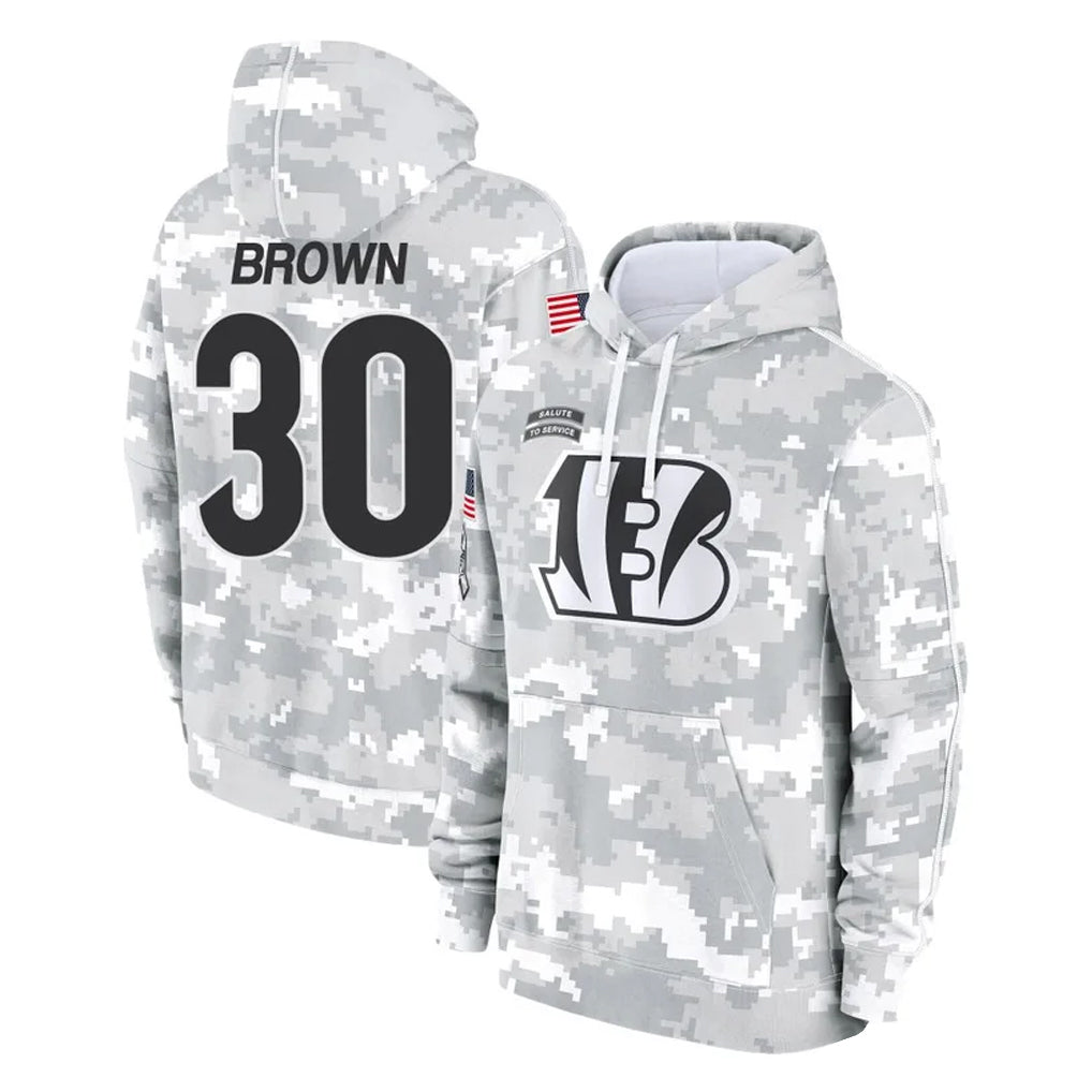 C.Bengals #30 Chase Brown Player Arctic Camo Salute to Service Pullover Hoodie Limited Ldoa Stitched Jerseys