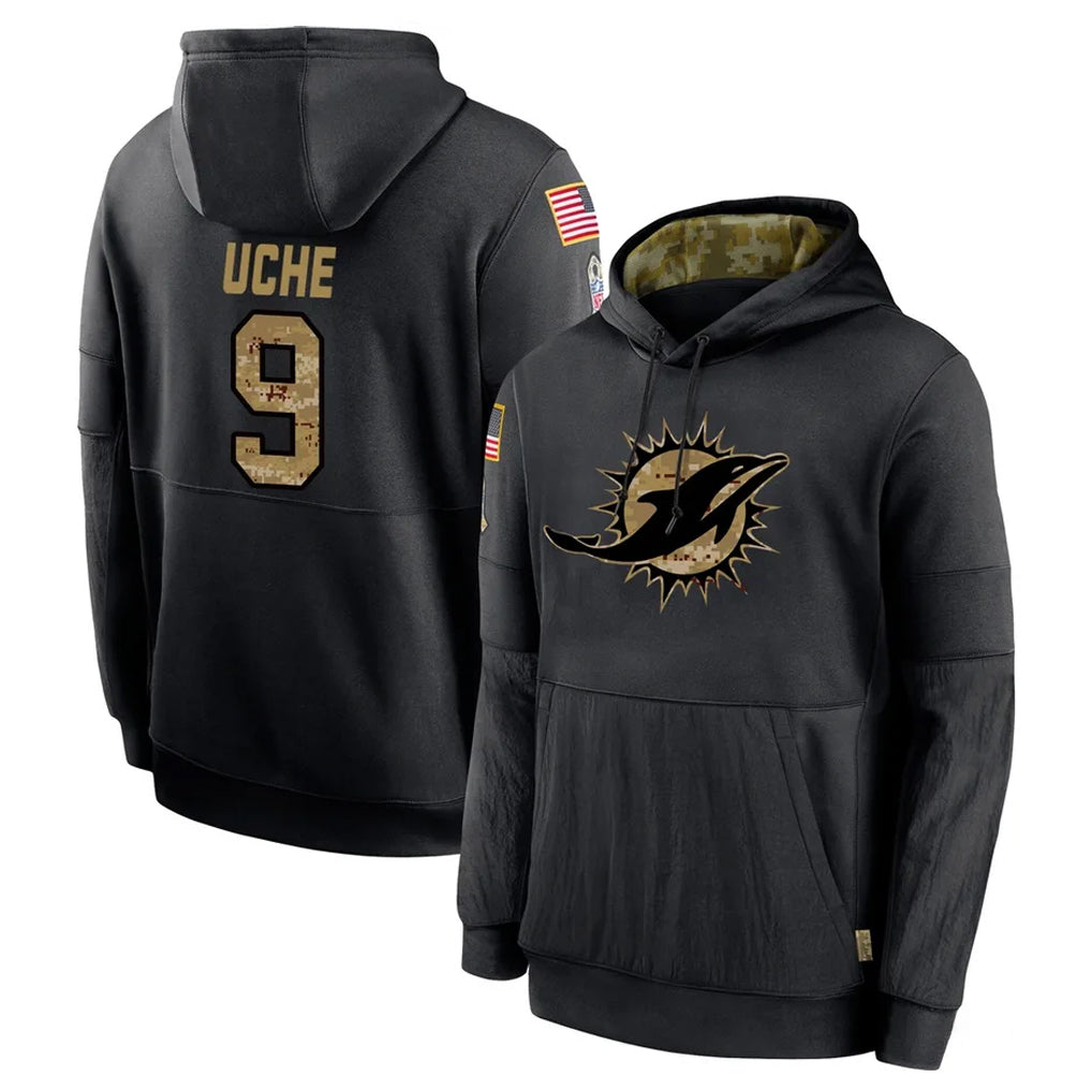 M.Dolphins #9 Joshua Uche Player Black Salute to Service Hoodies Limited Game Ldoa Stitched Jerseys