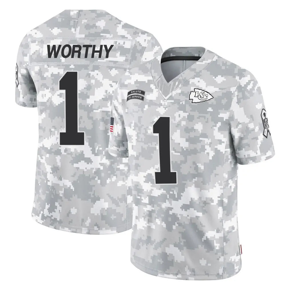 KC.Chiefs #1 Xavier Worthy Player Arctic Camo Salute To Service Limited Game Ldoa Stitched Jerseys