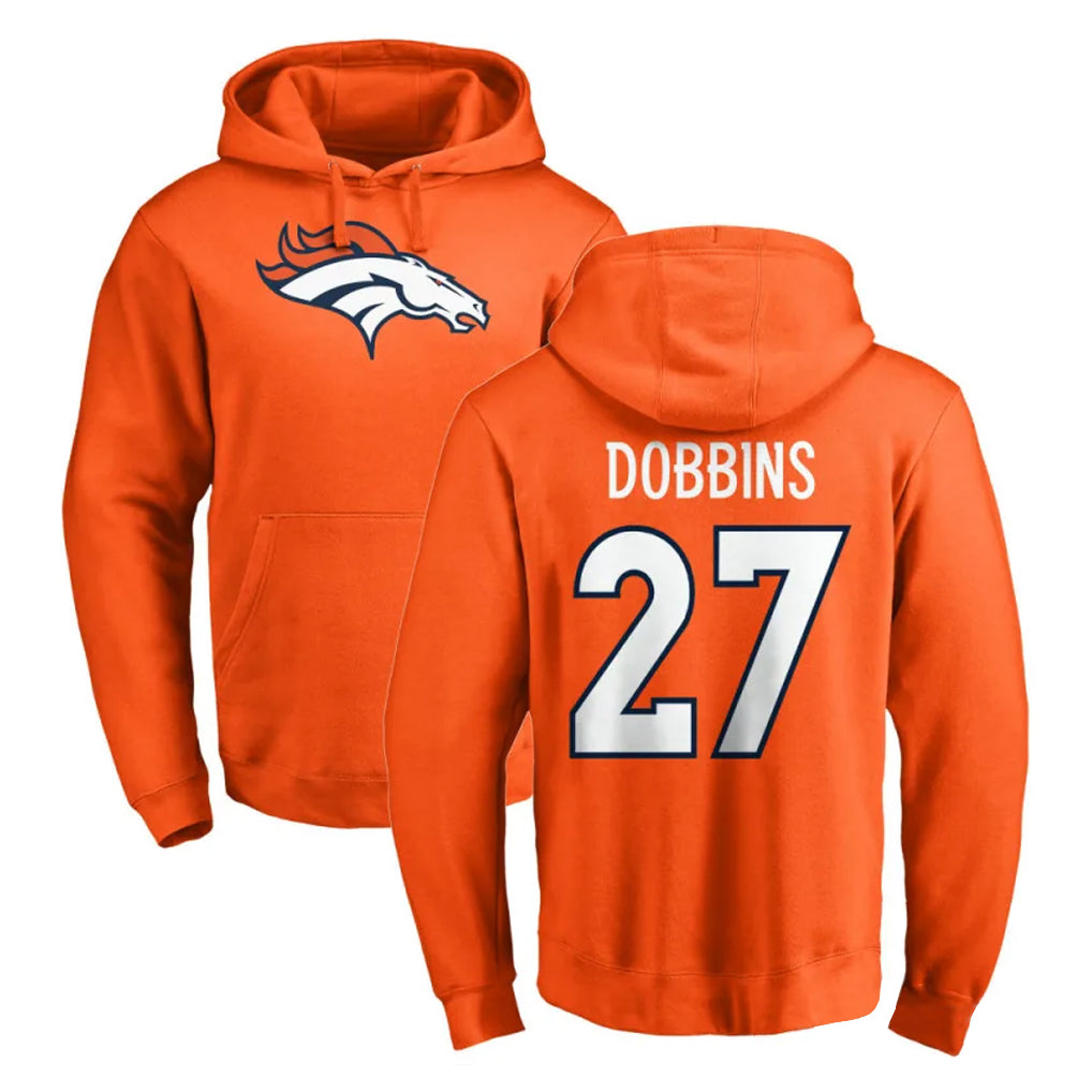 D.Broncos #27 J.K. Dobbins Player Orange Pullover Hoodie Limited Ldoa Stitched Jerseys