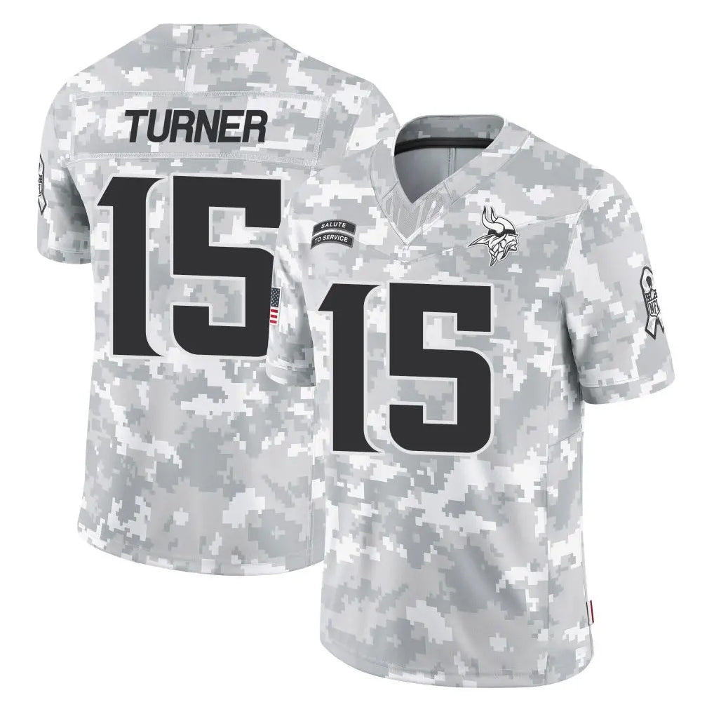 M.Vikings #15 Dallas Turner Player Arctic Camo Salute To Service Limited Game Ldoa Stitched Jerseys