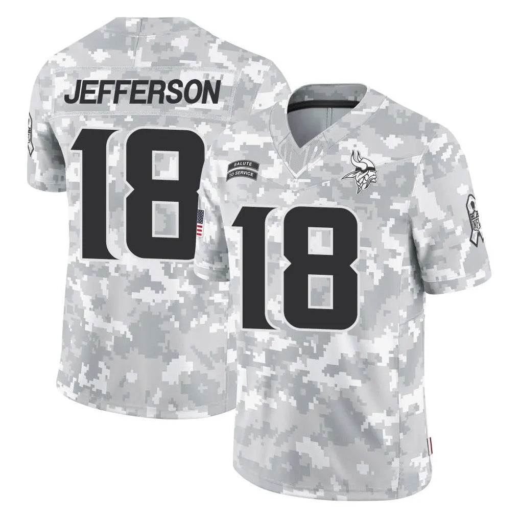 M.Vikings #18 Justin Jefferson Player Arctic Camo Salute To Service Limited Game Ldoa Stitched Jerseys