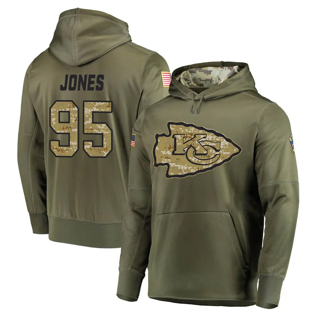 KC.Chiefs #95 Chris Jones Player Olive Salute to Service Pullover Hoodies Home Game Ldoa Stitched Jerseys