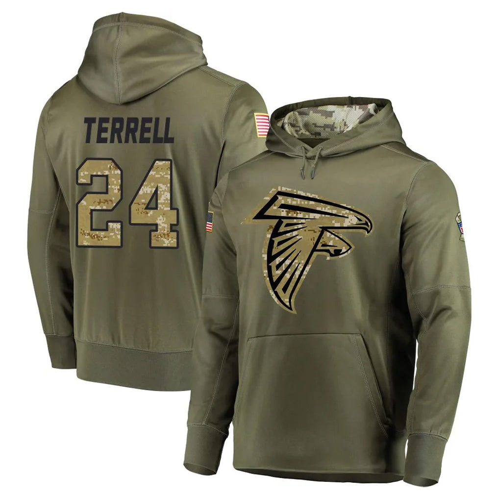 A.Falcons #24 A.J. Terrell Jr. Player Olive Salute to Service Club Fleece Hoodie Ldoa Stitched Jerseys