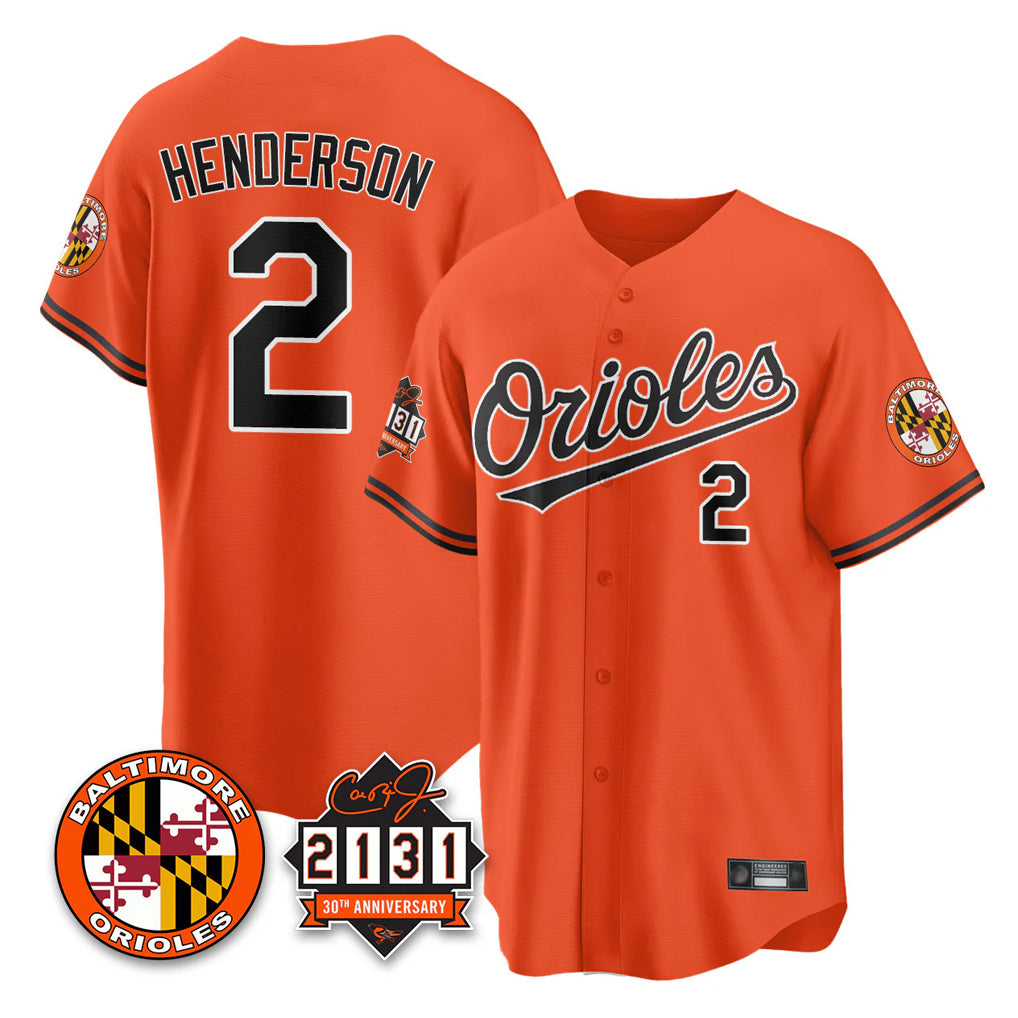 B.Orioles #2 Gunnar Henderson Player Orange 30th Anniversary of 2131 Home Game Ldoa Stitched Jerseys