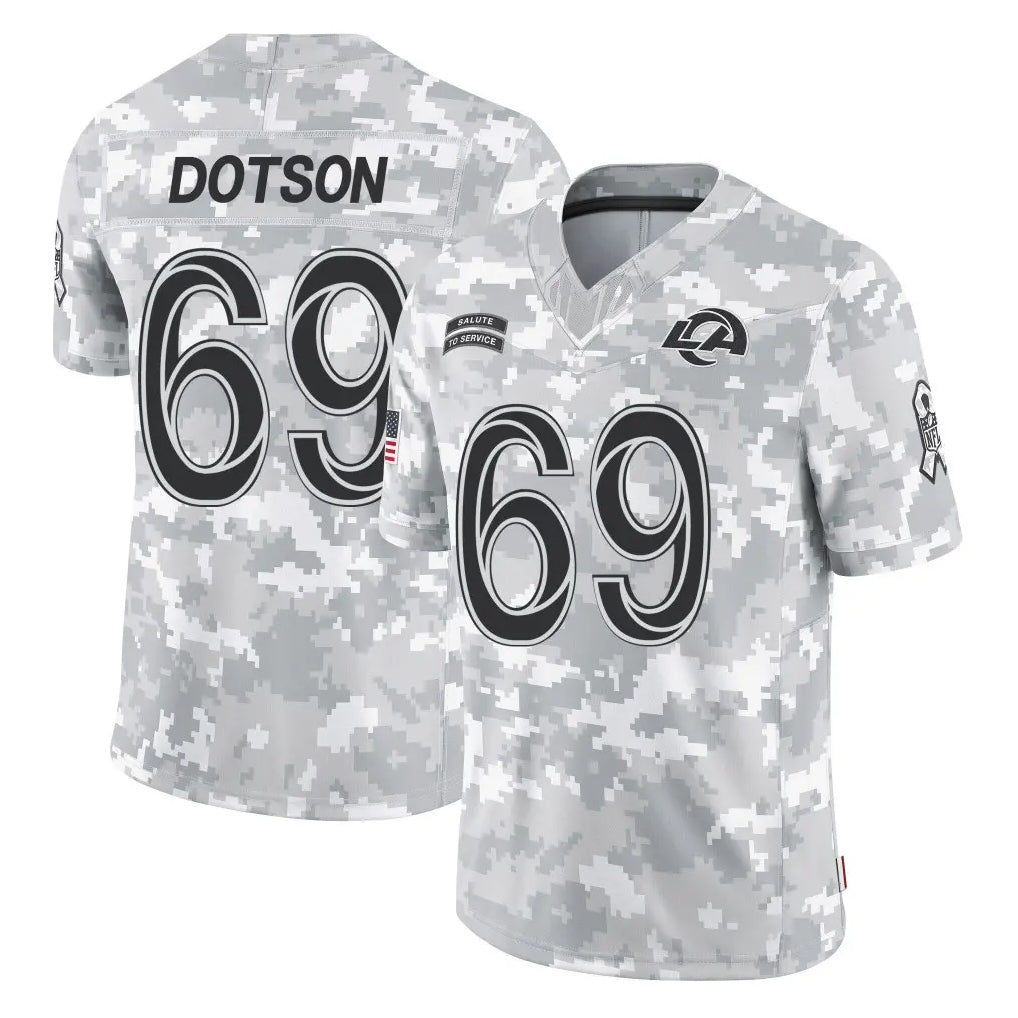 LA.Rams #69 Kevin Dotson Player Arctic Camo Salute To Service Limited Game Ldoa Stitched Jerseys