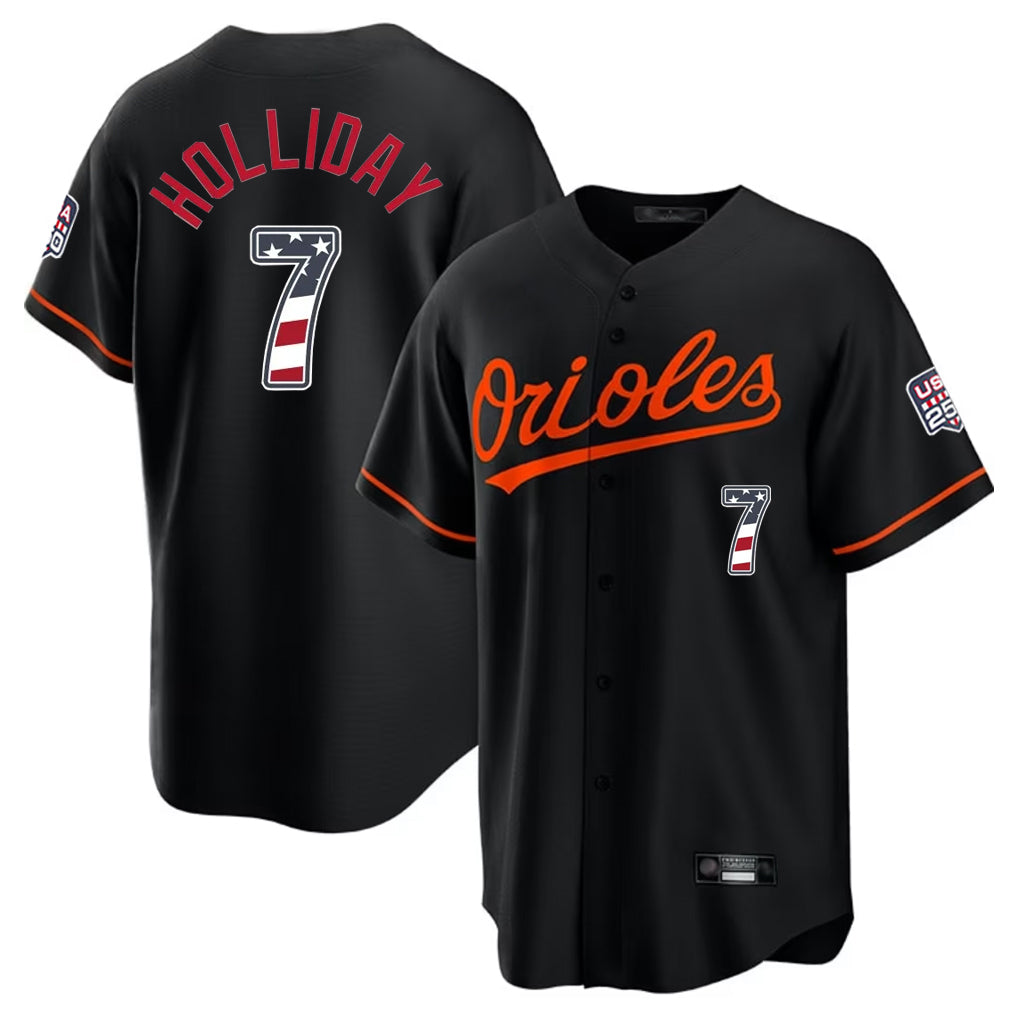 B.Orioles #7 Jackson Holliday Player Black USA 250 Fourth of July Home Game Ldoa Stitched Jerseys