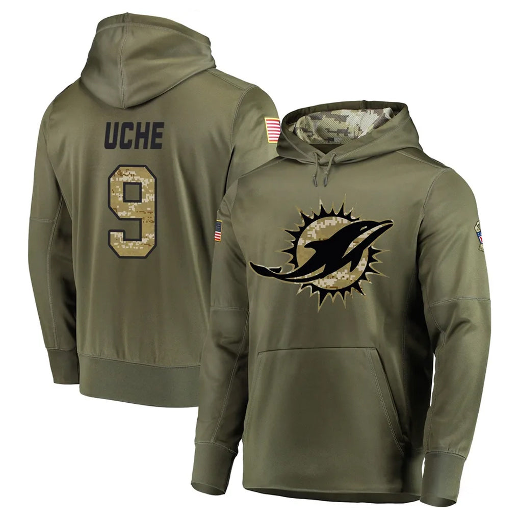 M.Dolphins #9 Joshua Uche Player Olive Salute to Service Pullover Hoodies Home Game Ldoa Stitched Jerseys