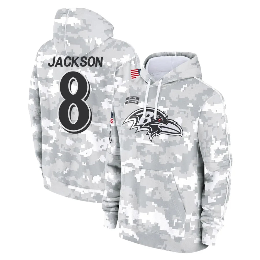 B.Ravens #8 Lamar Jackson Player Arctic Camo Salute to Service Pullover Hoodie Ldoa Stitched Jerseys