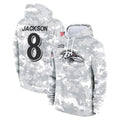 B.Ravens #8 Lamar Jackson Player Arctic Camo Salute to Service Pullover Hoodie Ldoa Stitched Jerseys