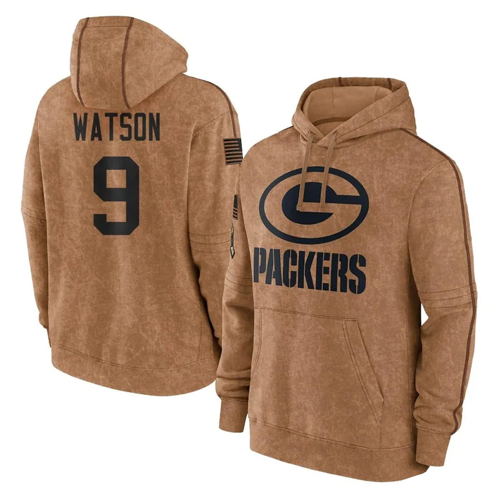 GB.Packers #9 Christian Watson Player Brown Salute to Service Hoodies Limited Game Ldoa Stitched Jerseys