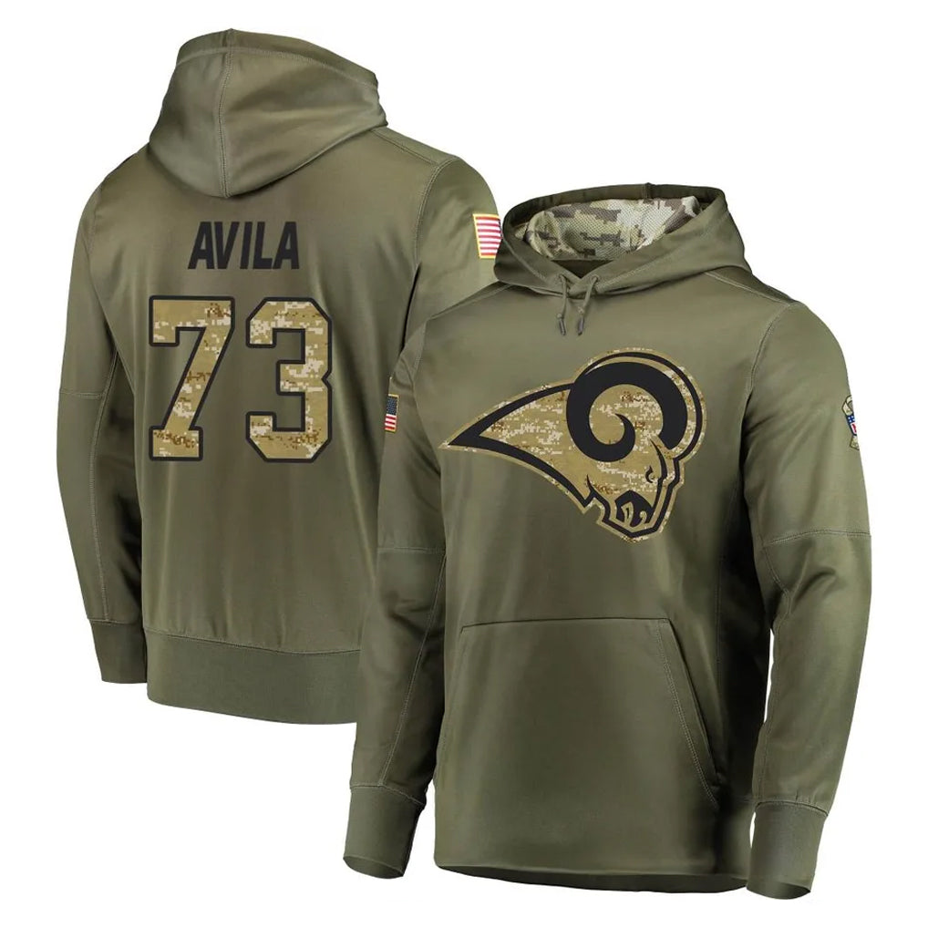LA.Rams #73 Steve Avila Player Olive Salute to Service Pullover Hoodies Home Game Ldoa Stitched Jerseys