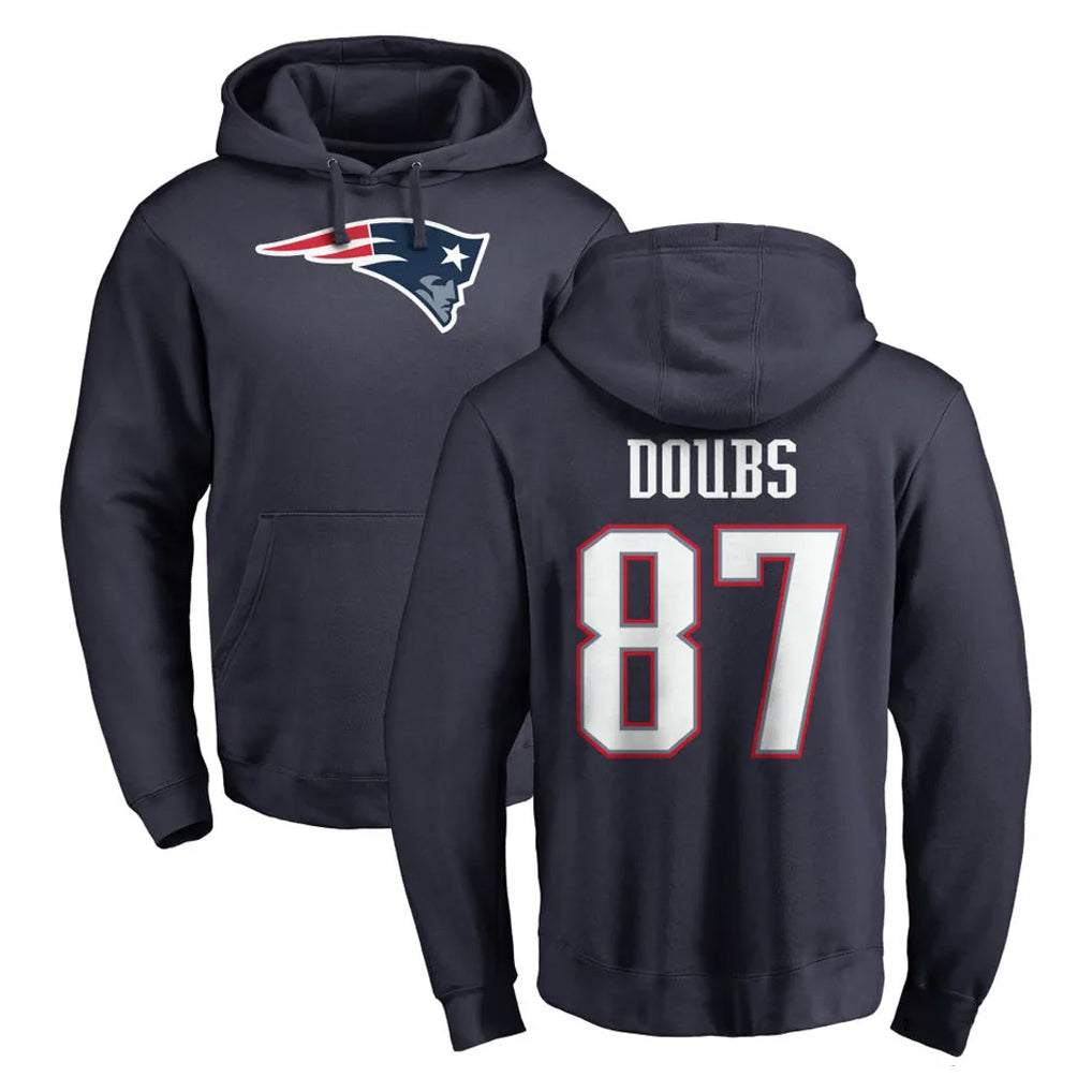 NE.Patriots #87 Romeo Doubs Player Navy LOGO Pullover Hoodies Home Game Ldoa Stitched Jerseys