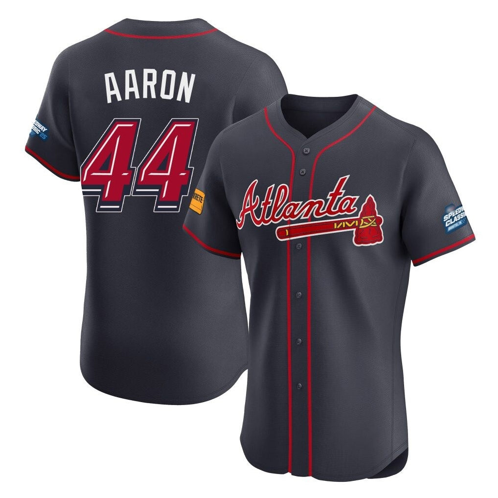 A.Braves #44 Hank Aaron Player Navy 2025 Speedway Classic Limited Elite Home Game Ldoa Stitched Jerseys