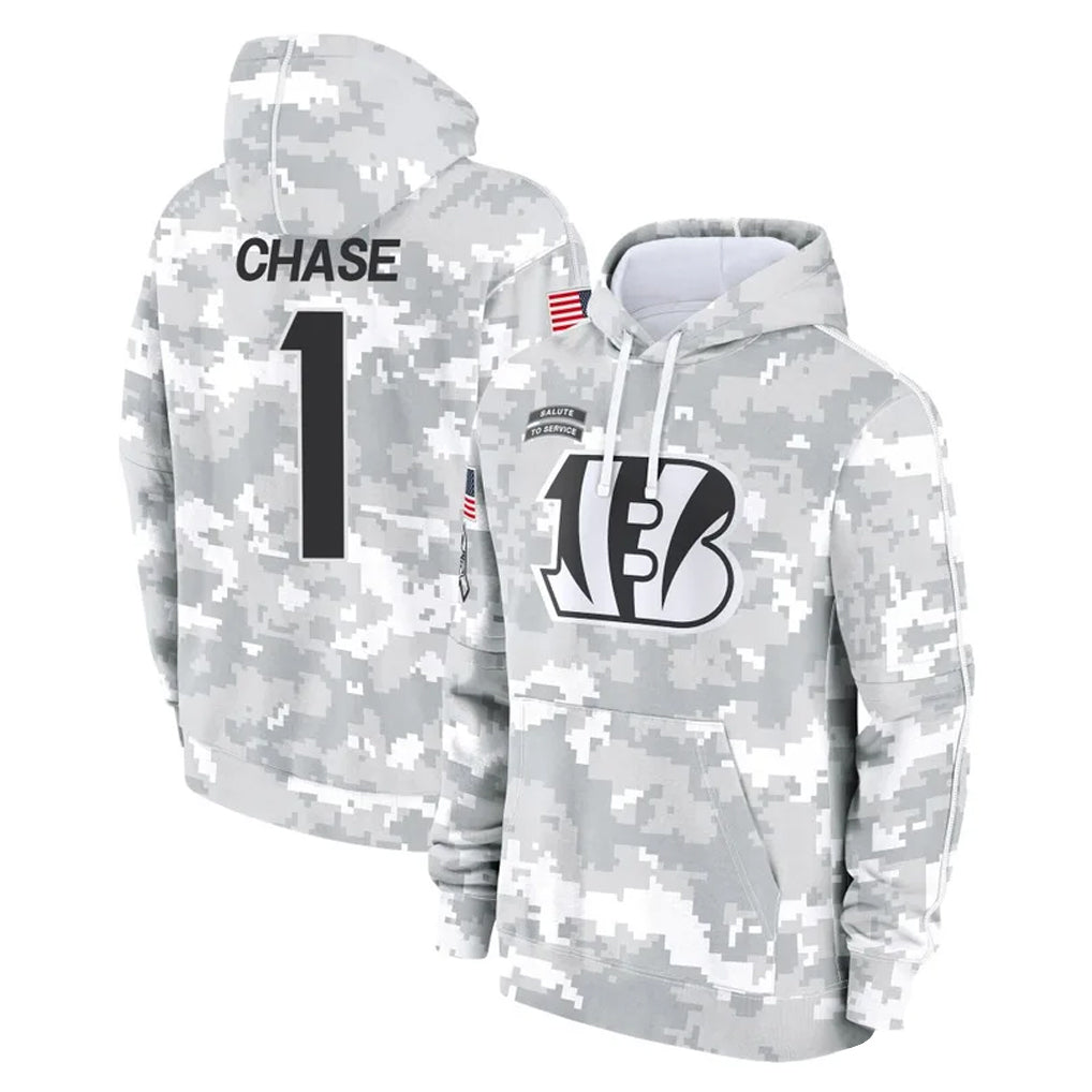 C.Bengals #1 Ja'Marr Chase Player Arctic Camo Salute to Service Pullover Hoodie Limited Ldoa Stitched Jerseys
