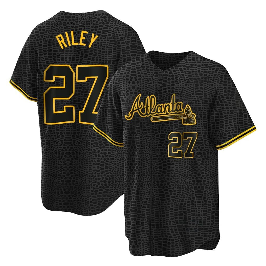 A.Braves #27 Austin Riley Player Black Snake Skin City Home Game Ldoa Stitched Jerseys