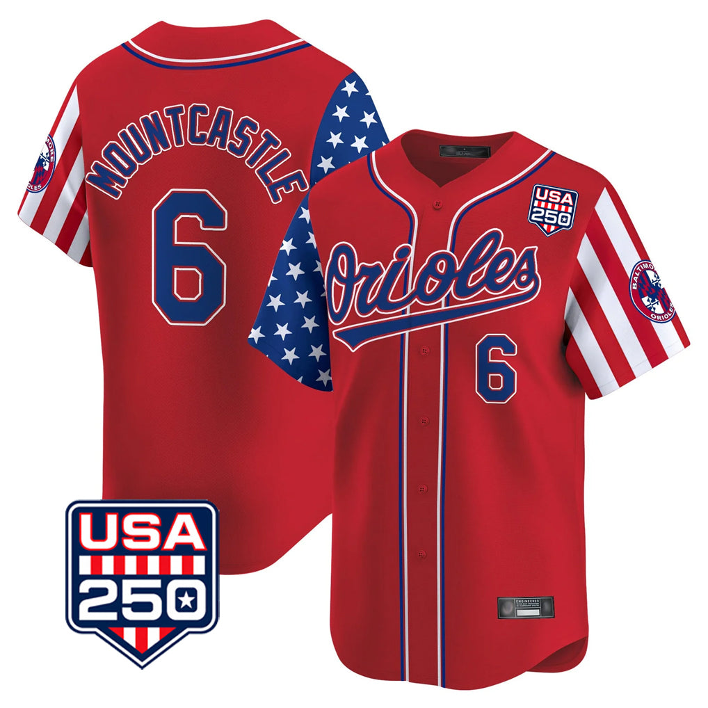 B.Orioles #6 Ryan Mountcastle Player Red USA 250 Independence Day Vapor Premier Limited Home Game Ldoa Stitched Jerseys