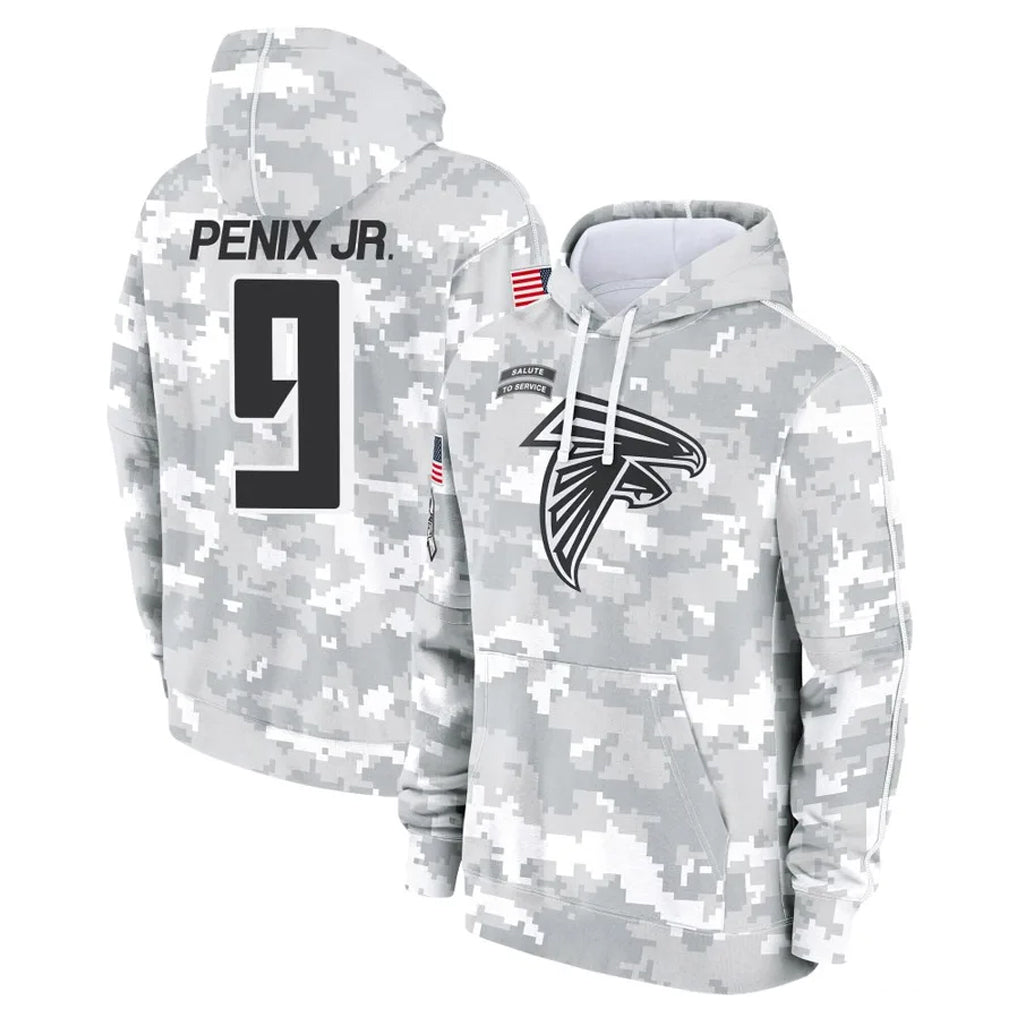 A.Falcons #9 Michael Penix Jr. Player Arctic Camo Salute to Service Limited Hoodie Ldoa Stitched Jerseys