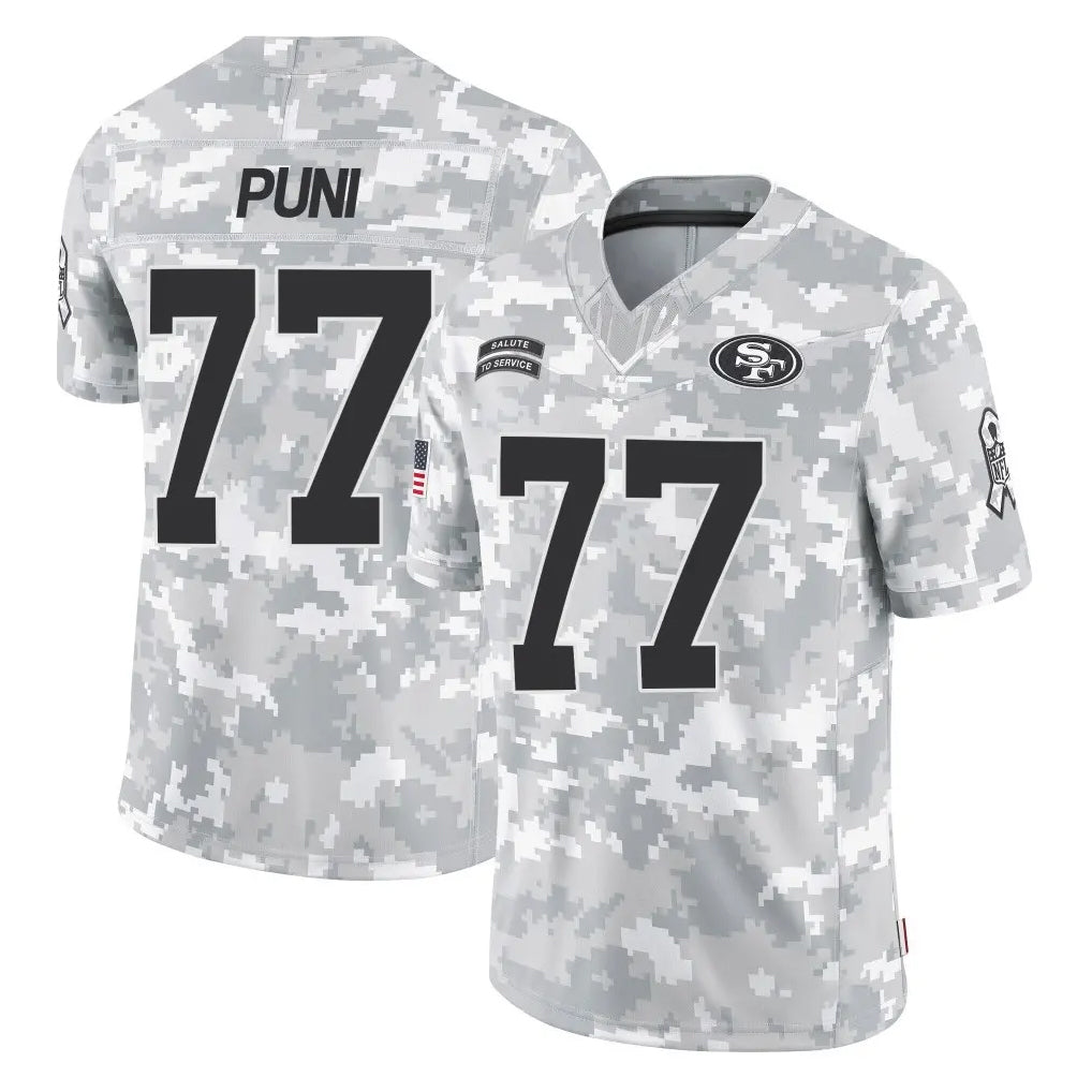 SF.49ers #77 Dominick Puni Player Arctic Camo Limited Salute To Service Home Game Ldoa Stitched Jerseys