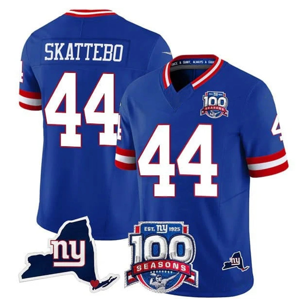 NY.Giants #44 Cam Skattebo Player Royal 100th Season & State Patch Vapor Limited Home Game Ldoa Stitched Jerseys