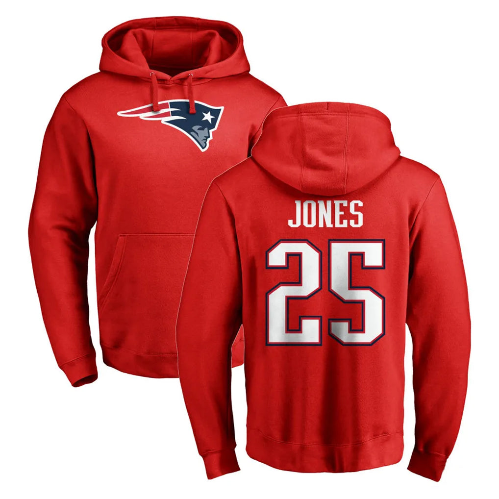 NE.Patriots #25 Marcus Jones Player Red LOGO Pullover Hoodies Home Game Ldoa Stitched Jerseys