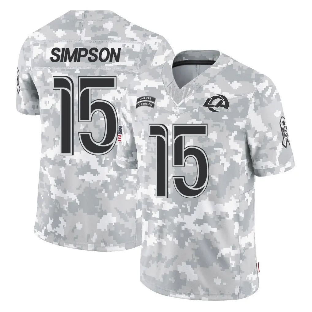 LA.Rams #15 Ty Simpson Player Arctic Camo Salute To Service Limited Game Ldoa Stitched Jerseys