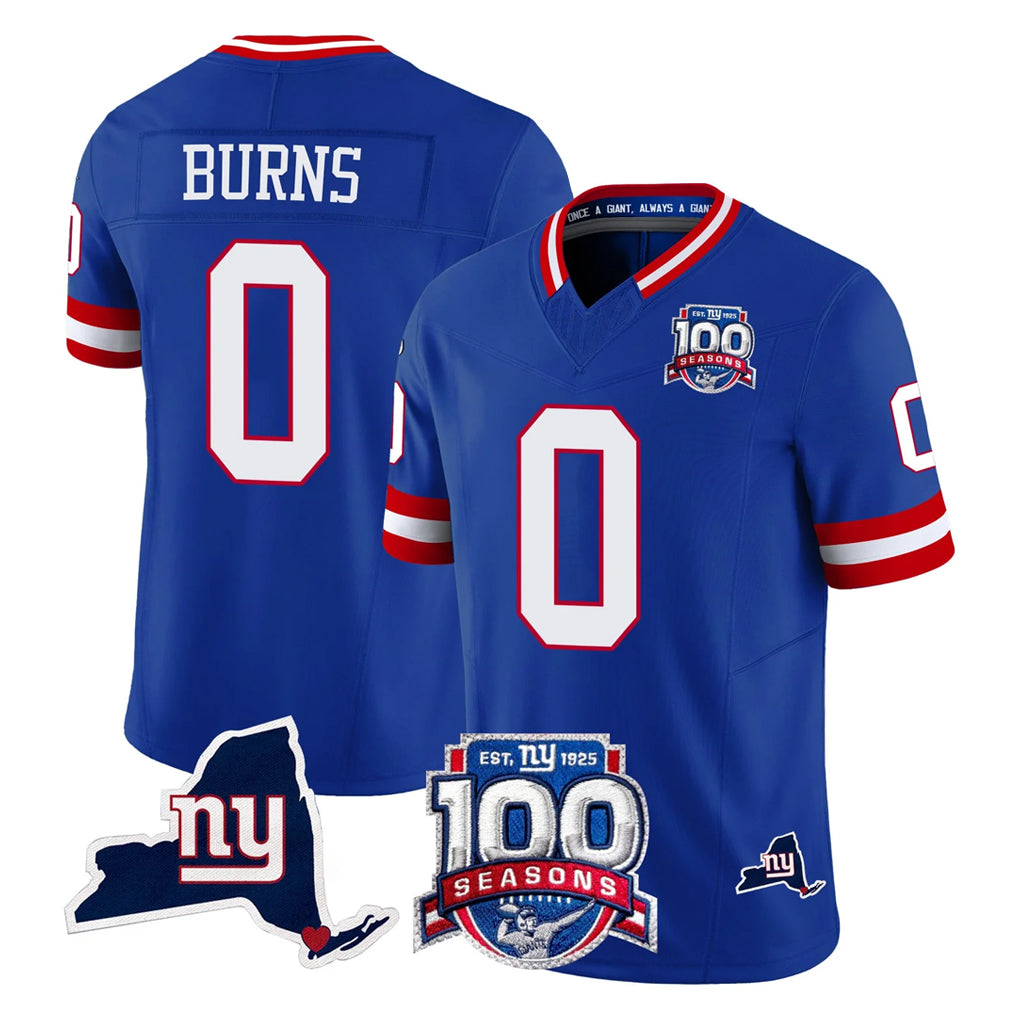 NY.Giants #0 Brian Burns Player Royal 100th Season & State Patch Vapor Limited Home Game Ldoa Stitched Jerseys