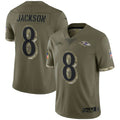 B.Ravens #8 Lamar Jackson Player Olive Salute To Service Ldoa Stitched Jerseys