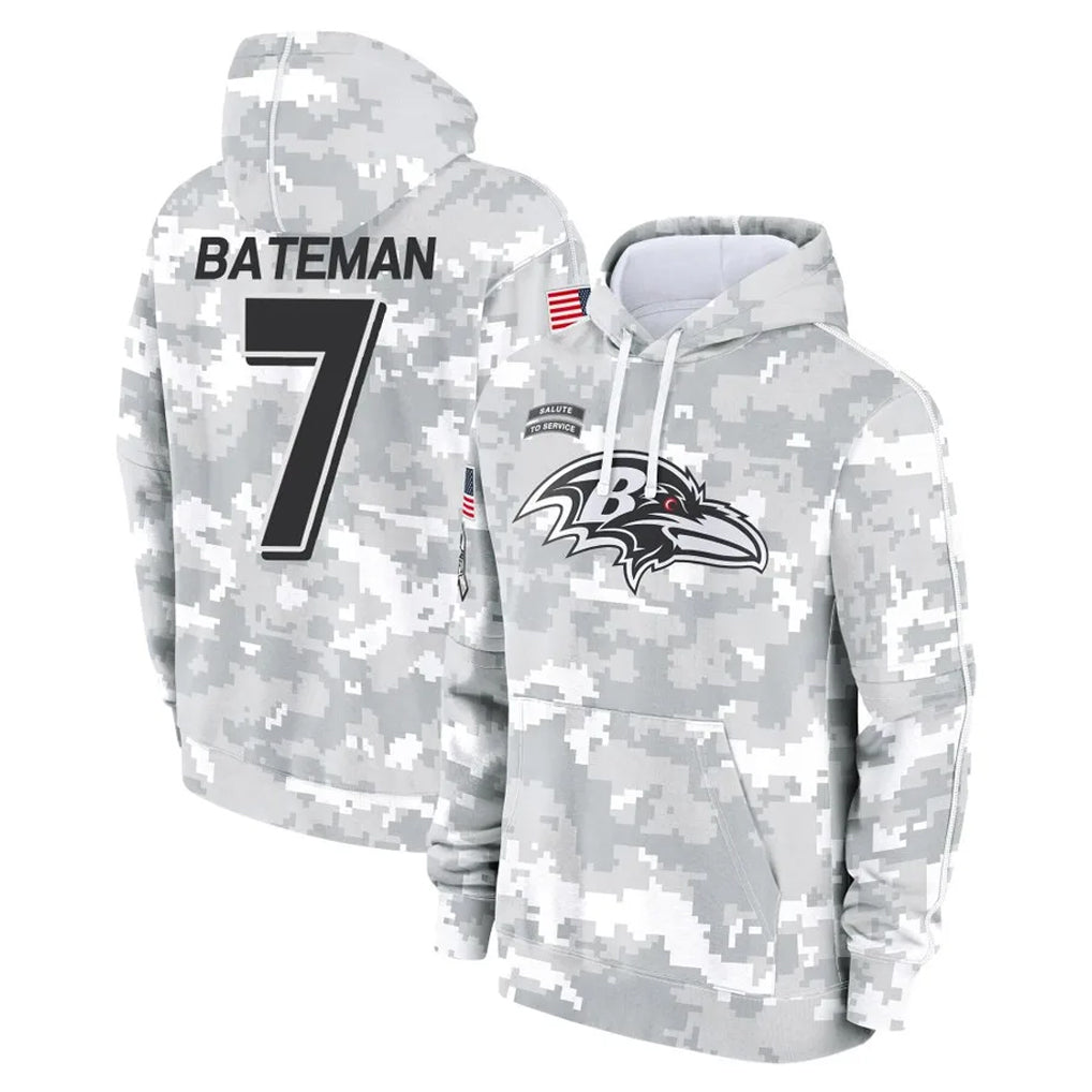 B.Ravens #7 Rashod Bateman Player Arctic Camo Salute to Service Pullover Hoodie Ldoa Stitched Jerseys