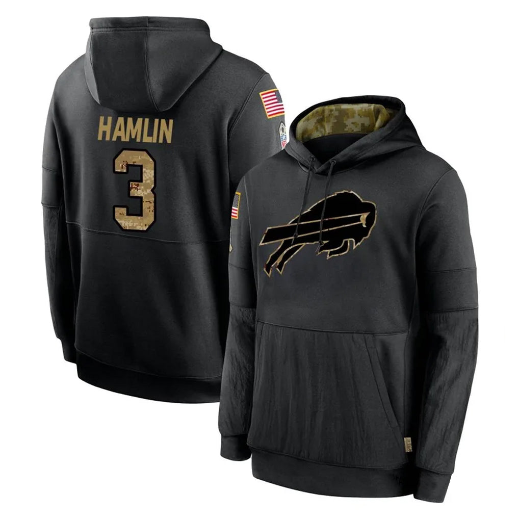 B.Bills #3 Damar Hamlin Player Black Salute to Service Hoodies Ldoa Stitched Jersey