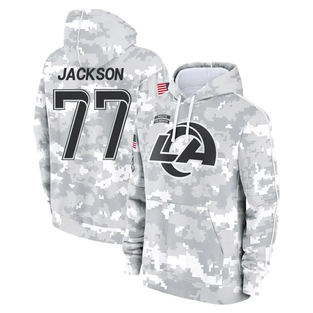 LA.Rams #77 Alaric Jackson Player Arctic Camo Salute to Service Hoodies Limited Game Ldoa Stitched Jerseys