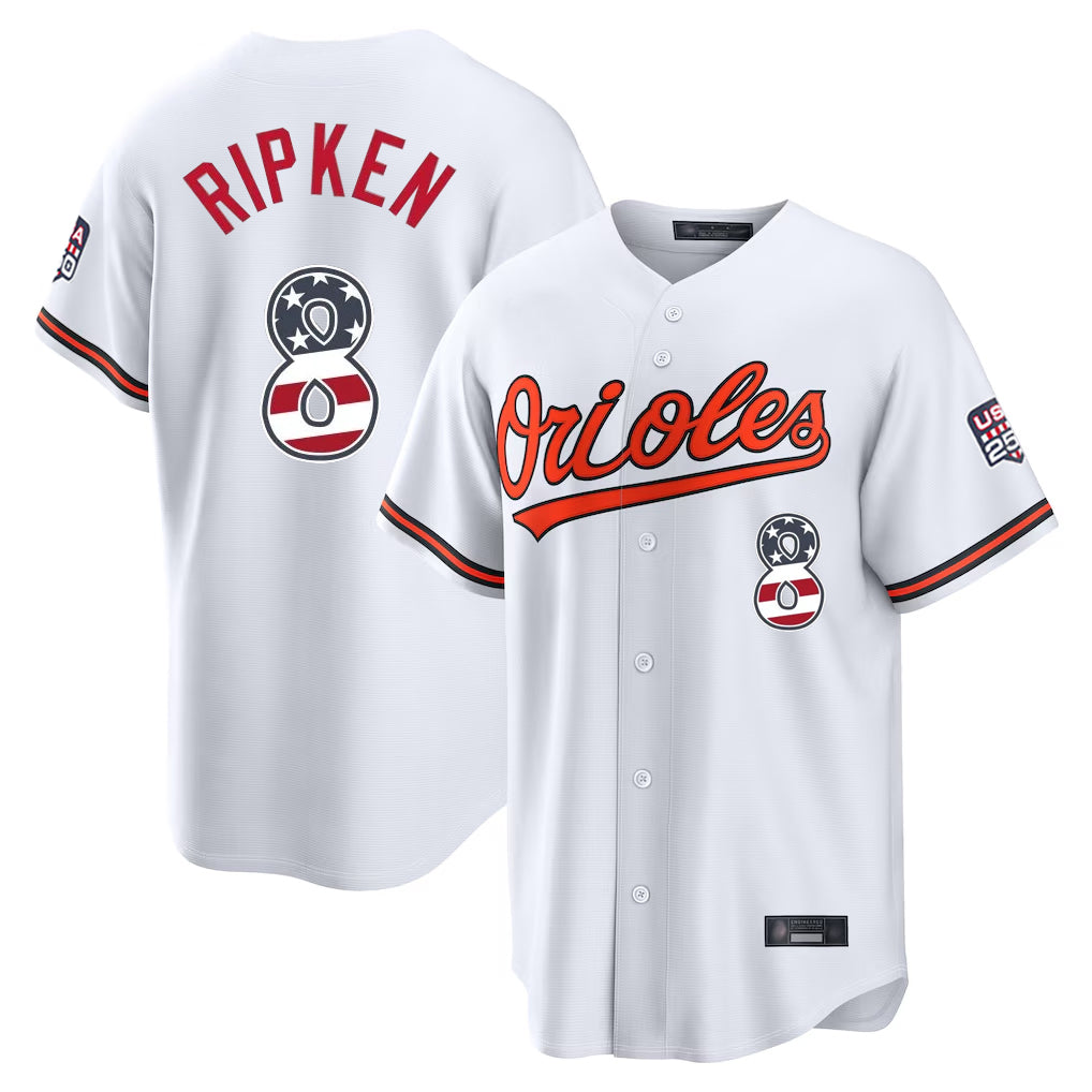 B.Orioles #8 Cal Ripken Player White USA 250 Fourth of July Home Game Ldoa Stitched Jerseys