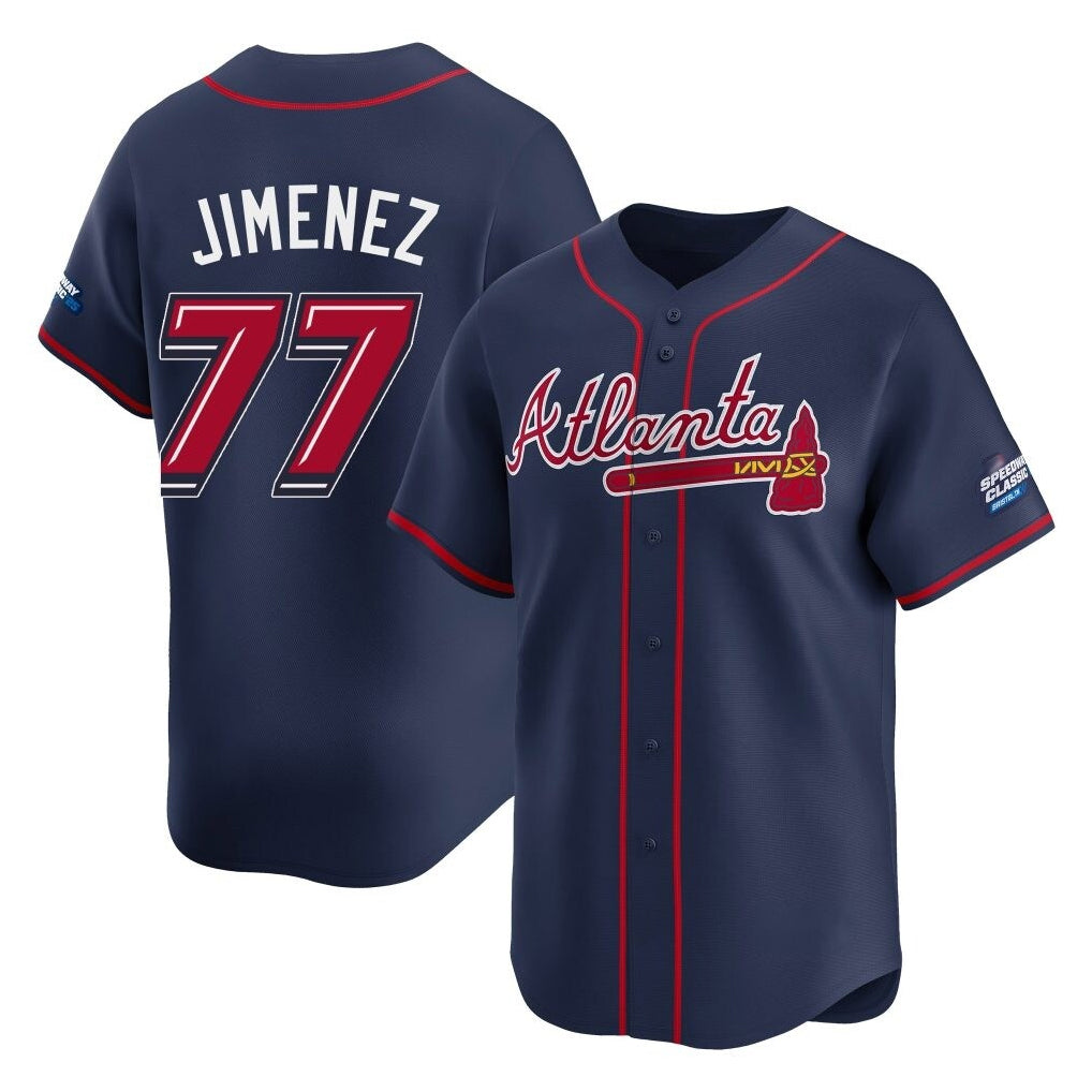 A.Braves #77 Joe Jimenez Player Navy 2025 Speedway Classic Home Game Ldoa Stitched Jerseys