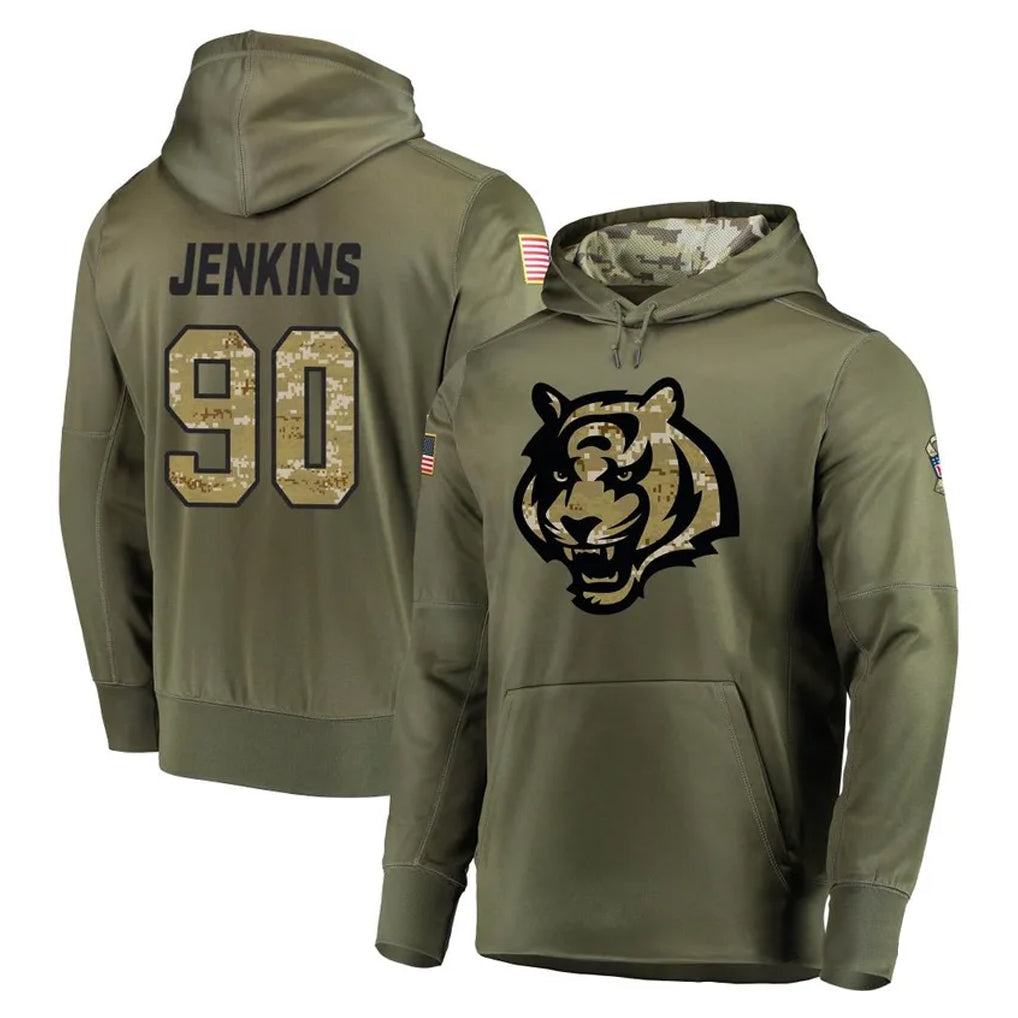 C.Bengals #90 Kris Jenkins Jr Player Olive Salute to Service Pullover Hoodies Home Game Ldoa Stitched Jerseys