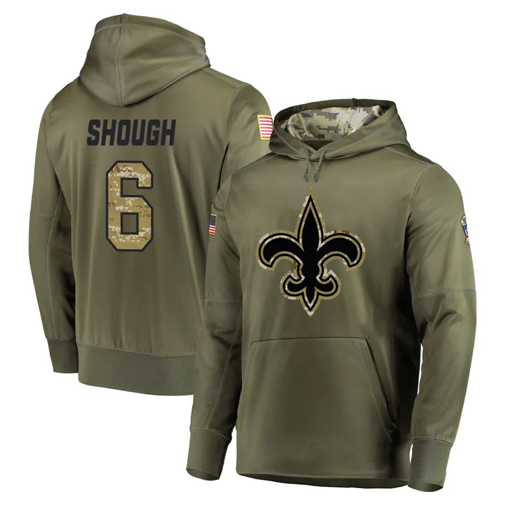 NO.Saints #6 Tyler Shough Player Olive Salute to Service Pullover Hoodies Home Game Ldoa Stitched Jerseys