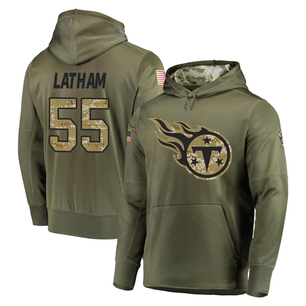 T.Titans #55 JC Latham Player Olive Salute to Service Pullover Hoodies Home Game Ldoa Stitched Jerseys