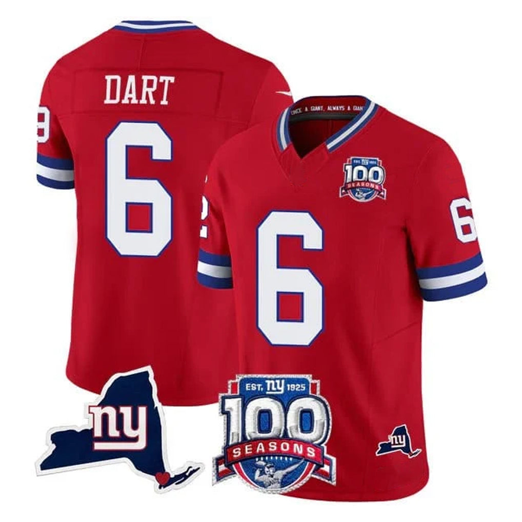 NY.Giants #6 Jaxson Dart Player Red 100th Season & State Patch Vapor Limited Home Game Ldoa Stitched Jerseys
