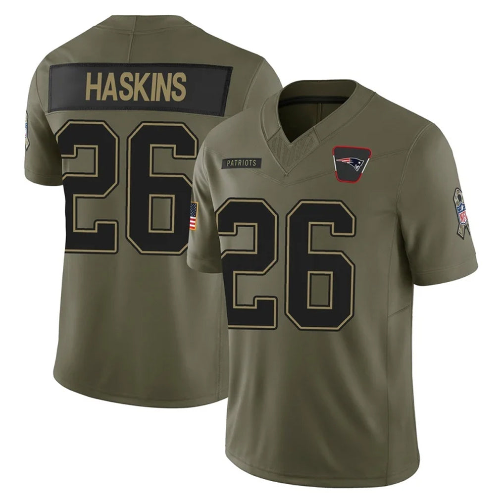 NE.Patriots #26 Hassan Haskins Player Olive 2025 Salute To Service Limited Ldoa Stitched Jerseys