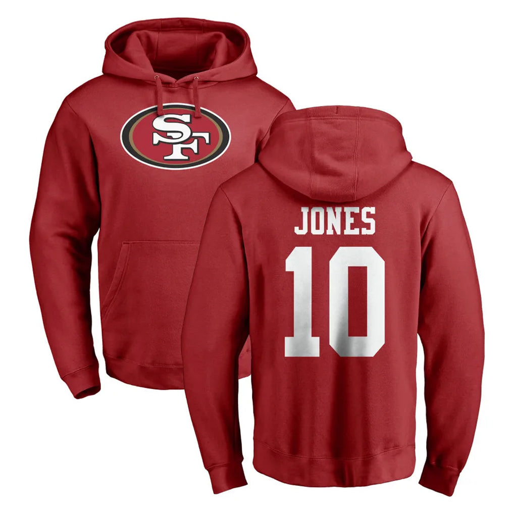 SF.49ers #10 Mac Jones Player Red LOGO Pullover Hoodies Home Game Ldoa Stitched Jerseys