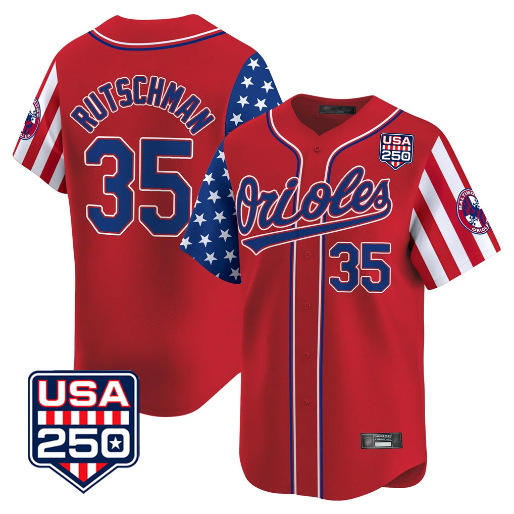 B.Orioles #35 Adley Rutschman Player Red USA 250 Independence Day Vapor Premier Limited Home Game Ldoa Stitched Jerseys
